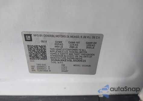 2020 Chevrolet Equinox Fwd Lt 1.5L Turbo из США, поврежденный, VIN 3GNAXKEV5LS530615